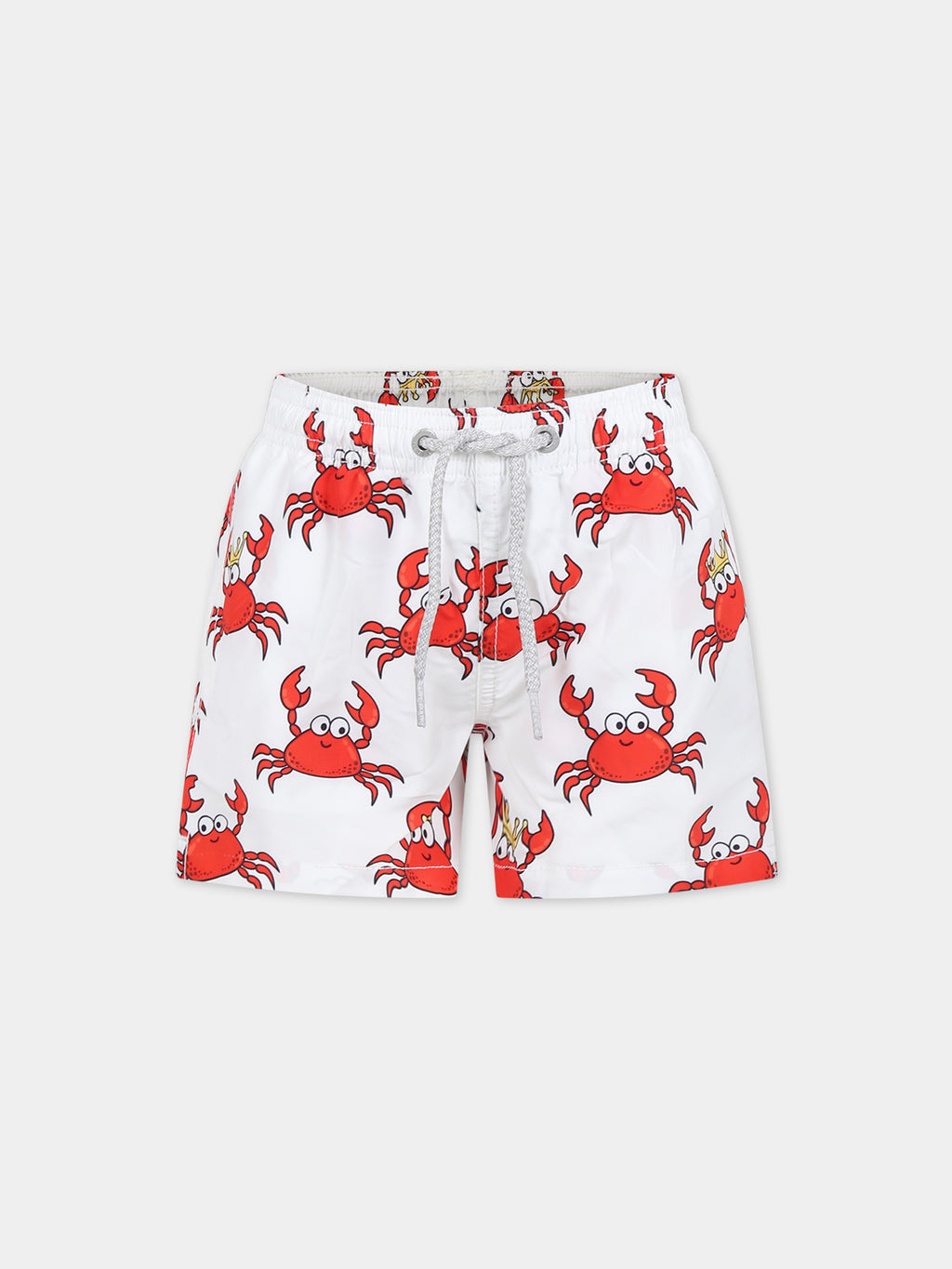 White swim shorts for boy with crab print